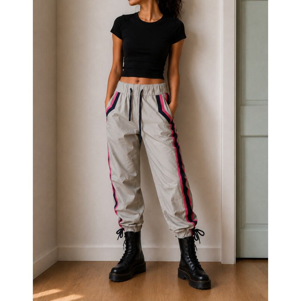 VHNY Futuristic Jogger Pants Cyber Funky Streetwear Ruched Striped-size small